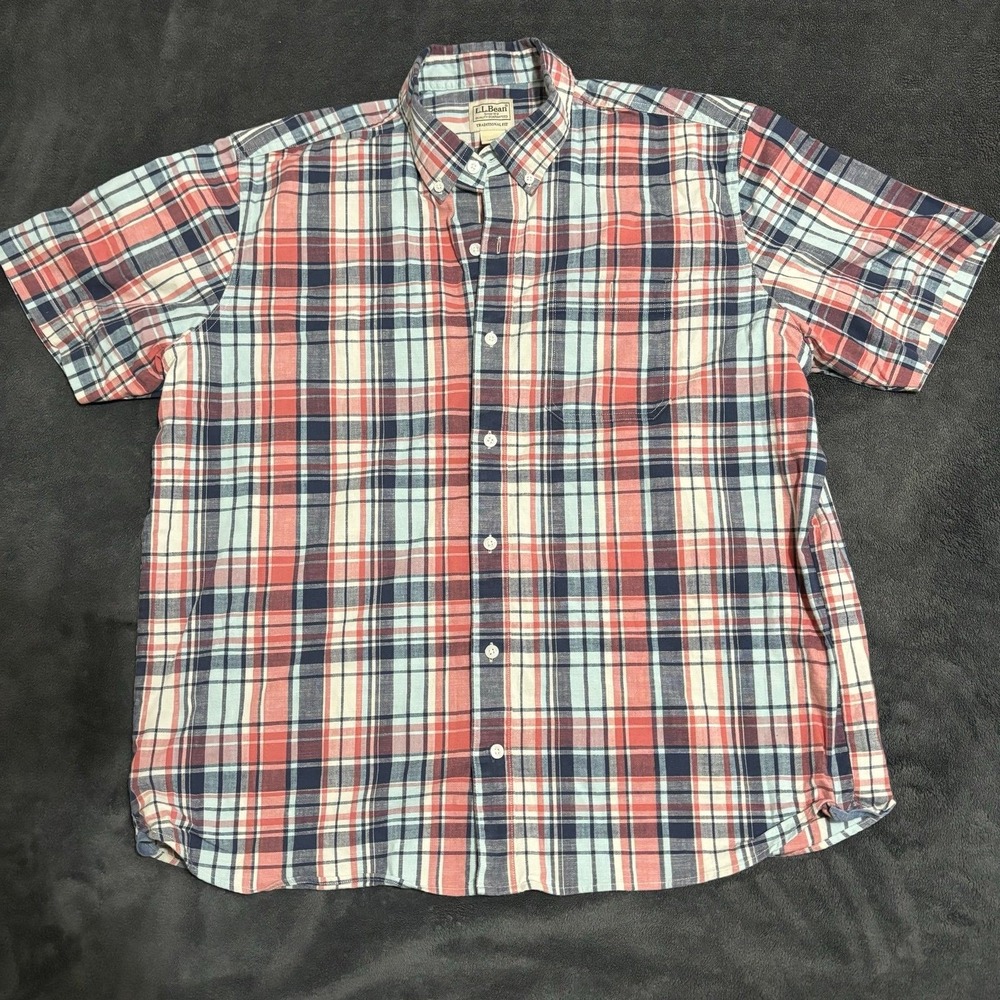 L.L.Bean Comfort Stretch Chambray Shirt‎ short Sleeve Traditional Fit Plaid